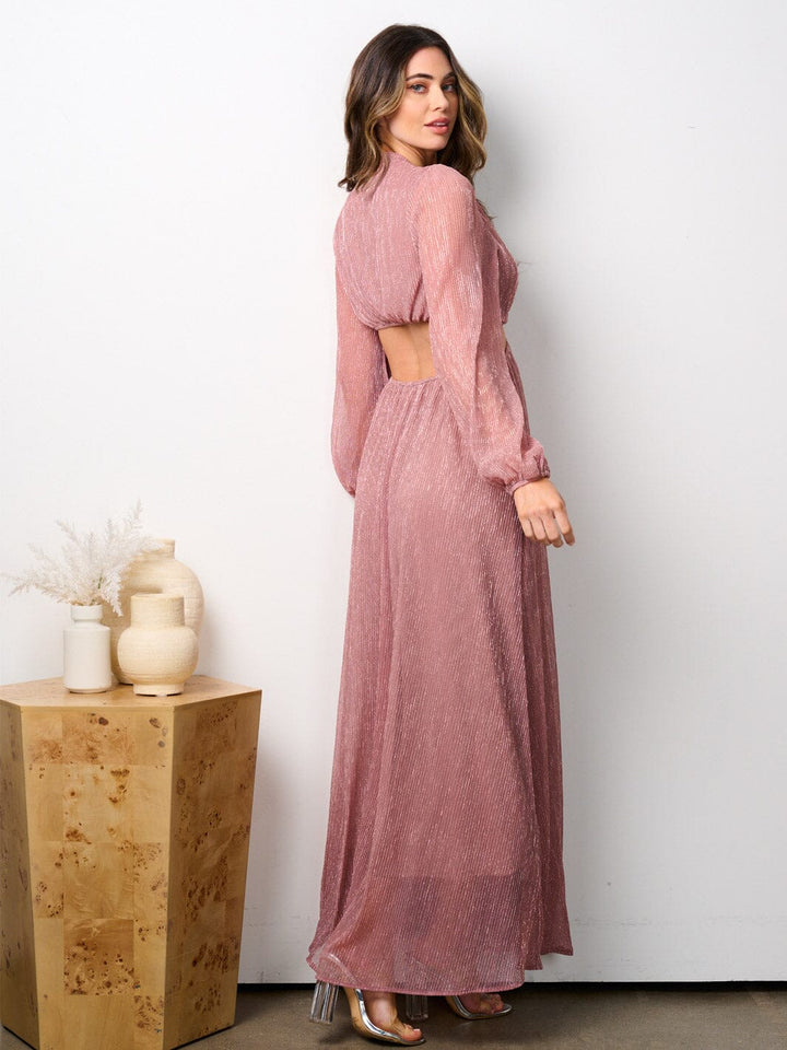 WOMEN'S LONG SLEEVE V-NECK CUT OUT SHIMMER MAXI DRESS