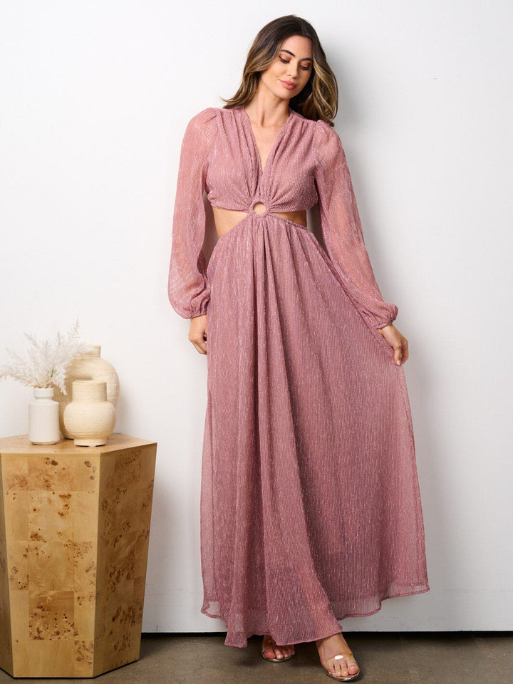 WOMEN'S LONG SLEEVE V-NECK CUT OUT SHIMMER MAXI DRESS