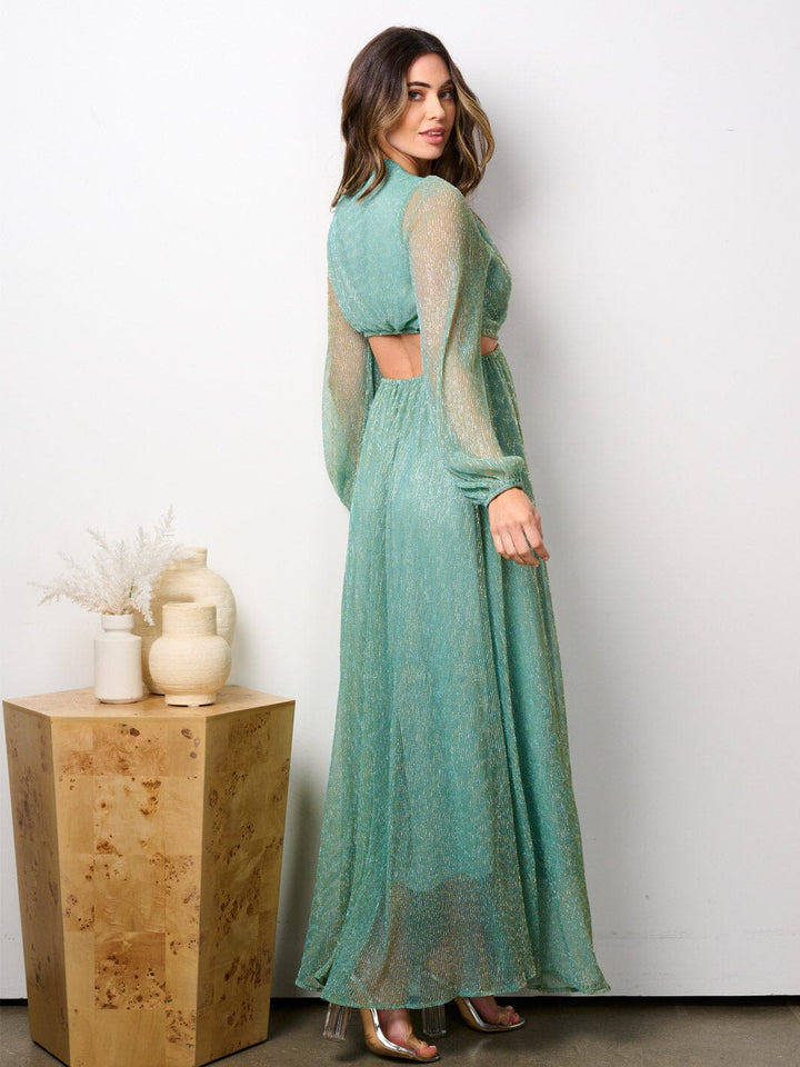 WOMEN'S LONG SLEEVE V-NECK CUT OUT SHIMMER MAXI DRESS