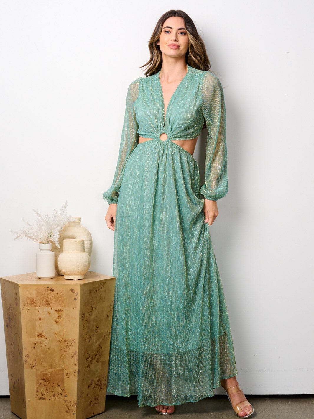 WOMEN'S LONG SLEEVE V-NECK CUT OUT SHIMMER MAXI DRESS