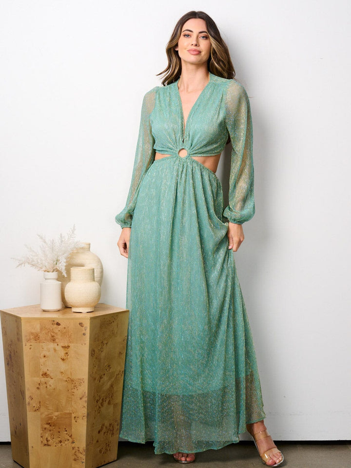 WOMEN'S LONG SLEEVE V-NECK CUT OUT SHIMMER MAXI DRESS
