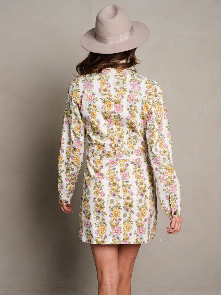 WOMEN'S LONG SLEEVE BUTTON CLOSURE POCKETS BELT FLORAL MINI DRESS