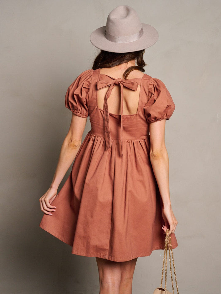 WOMEN'S SHORT SLEEVE POCKETS BACK TIE TUNIC MINI DRESS