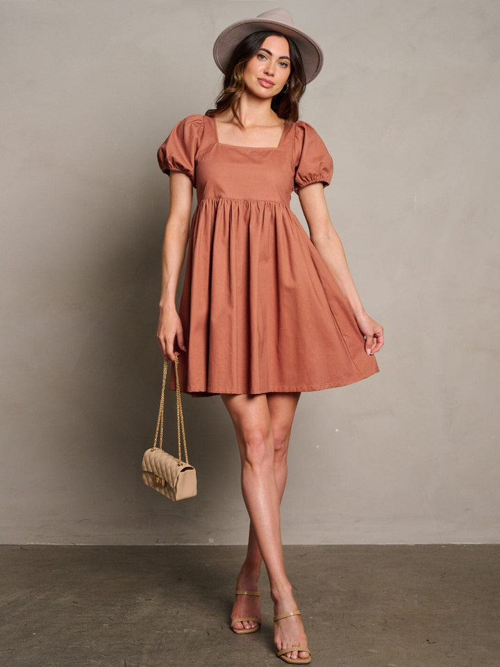 WOMEN'S SHORT SLEEVE POCKETS BACK TIE TUNIC MINI DRESS