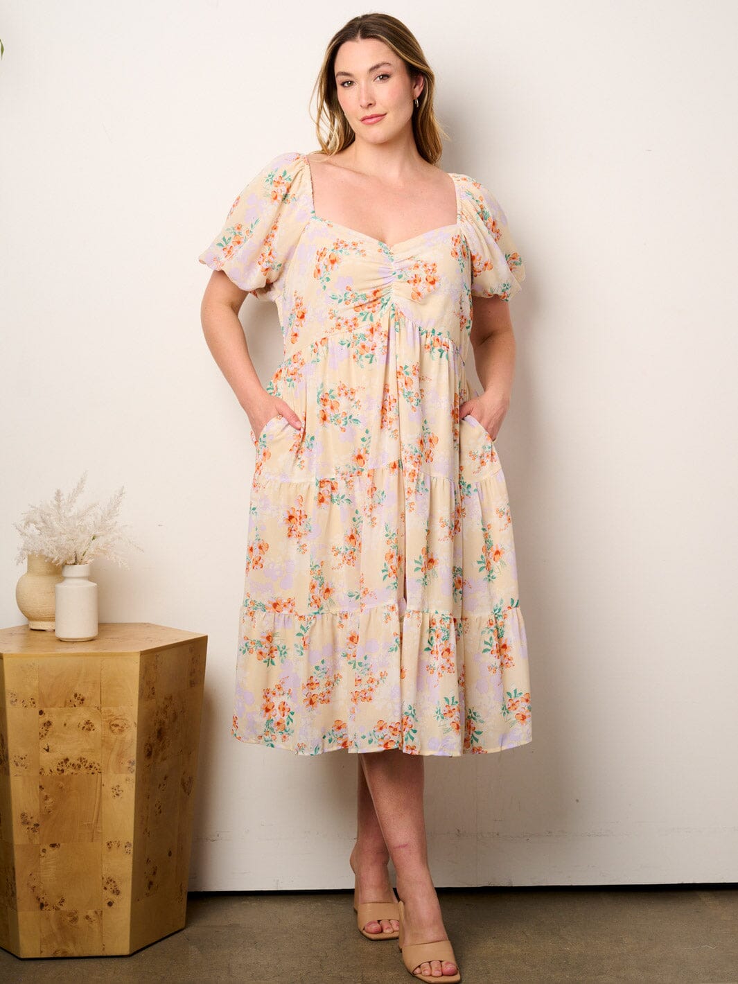 PLUS SIZE SHORT PUFF SLEEVE ELASTIC WAIST POCKETS TIERED FLORAL MIDI DRESS