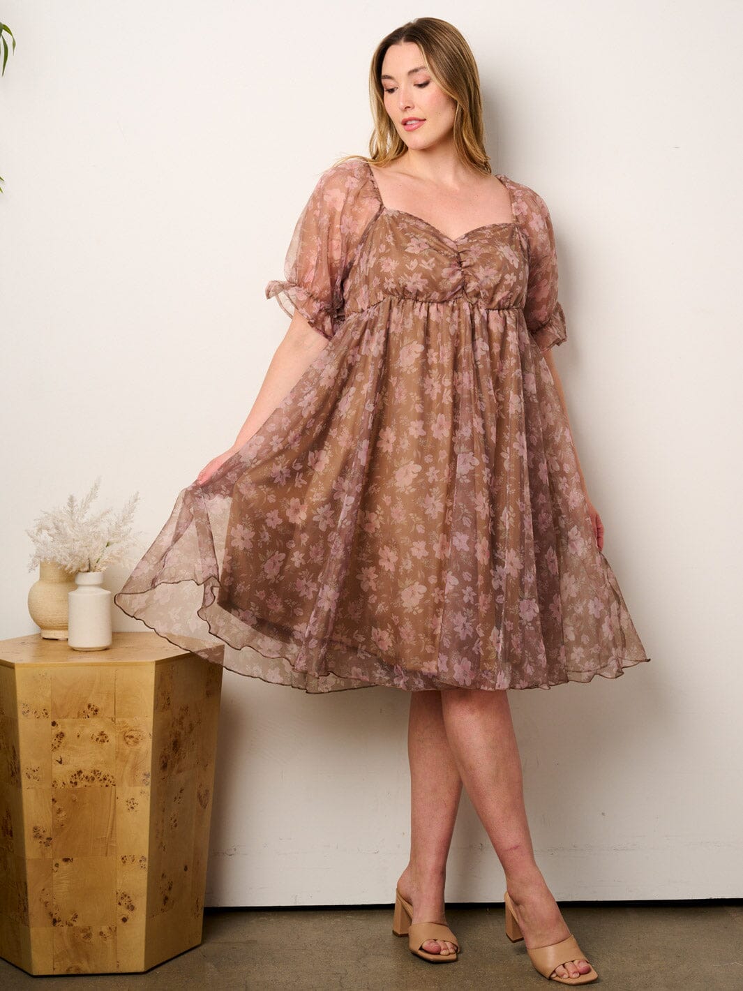 PLUS SIZE SHORT PUFF SLEEVE ELASTIC WAIST POCKETS FLORAL MIDI DRESS