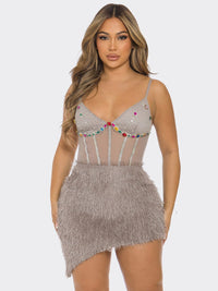 WOMEN'S SLEEVELESS V-NECK HIGH-LOW BODYCON STUDS MINI DRESS