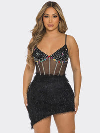 WOMEN'S SLEEVELESS V-NECK HIGH-LOW BODYCON STUDS MINI DRESS