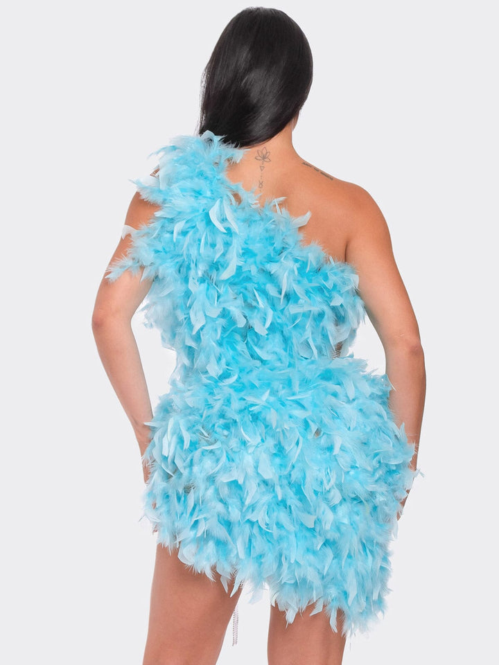 WOMEN'S SLEEVELESS ONE SHOULDER HIGH LOW BELTED FEATHERS MINI DRESS