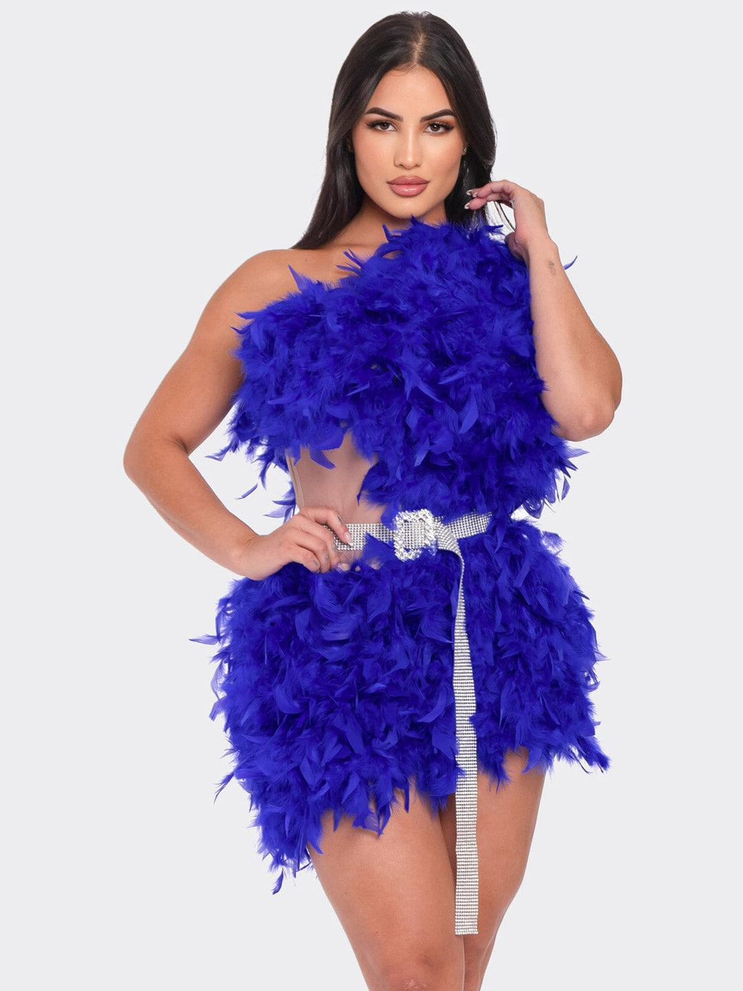 WOMEN'S SLEEVELESS ONE SHOULDER HIGH LOW BELTED FEATHERS MINI DRESS