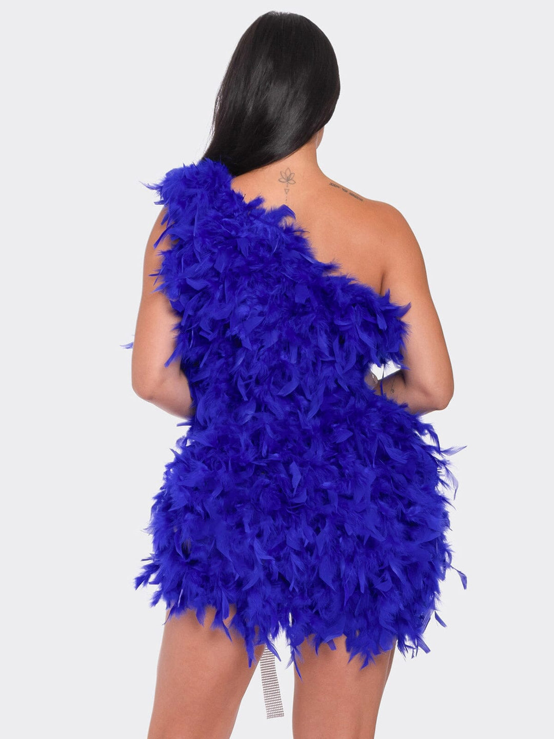WOMEN'S SLEEVELESS ONE SHOULDER HIGH LOW BELTED FEATHERS MINI DRESS