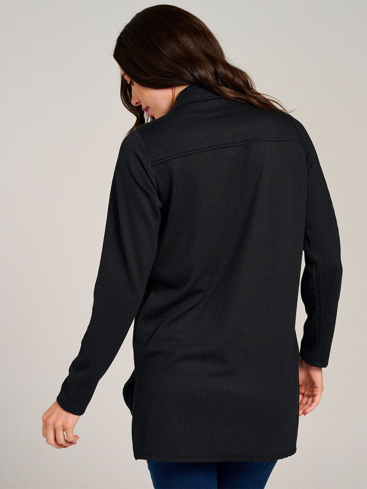 WOMEN'S LONG SLEEVE BUTTON CLOSURE FRONT POCKET RIBBED TOP