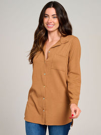 WOMEN'S LONG SLEEVE BUTTON CLOSURE FRONT POCKET RIBBED TOP