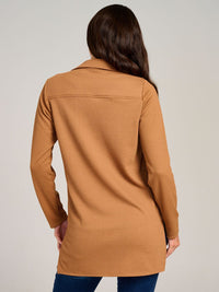 WOMEN'S LONG SLEEVE BUTTON CLOSURE FRONT POCKET RIBBED TOP