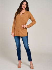 WOMEN'S LONG SLEEVE BUTTON CLOSURE FRONT POCKET RIBBED TOP