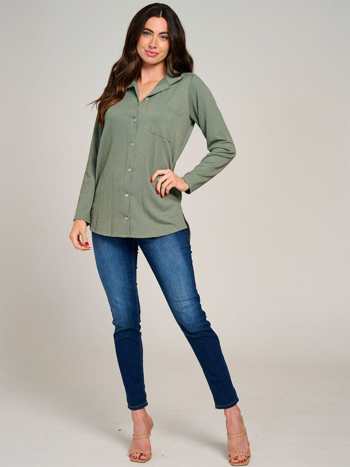 WOMEN'S LONG SLEEVE BUTTON CLOSURE FRONT POCKET RIBBED TOP