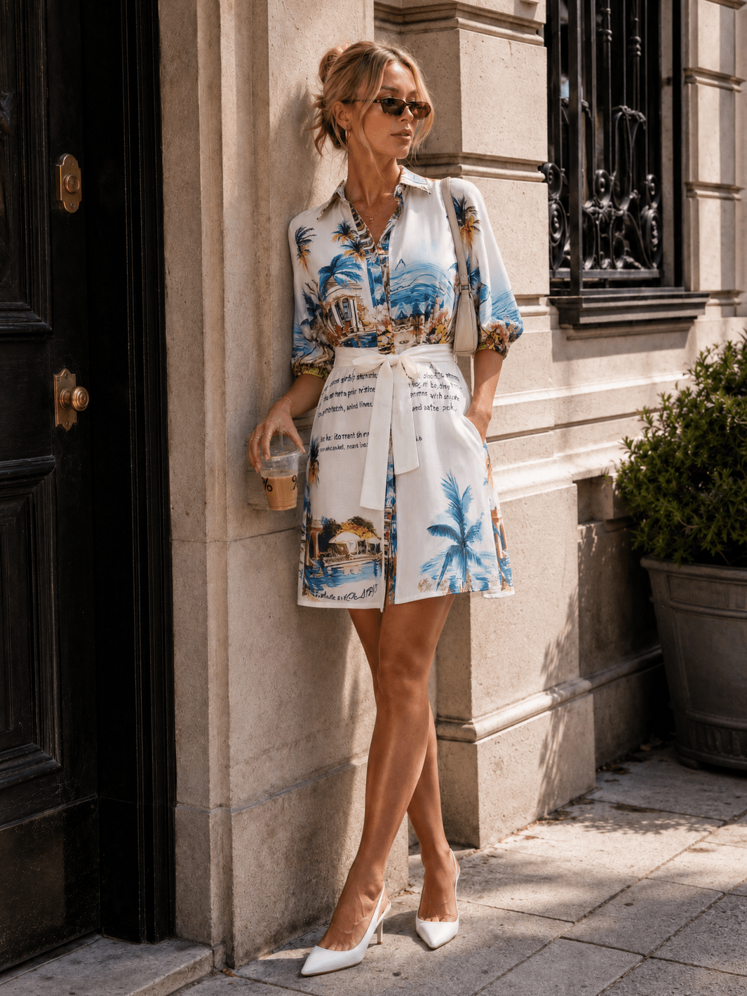 WOMEN'S SHORT SLEEVE BUTTON UP SELF TIE FRONT POCKETS MULTI PRINT MINI DRESS