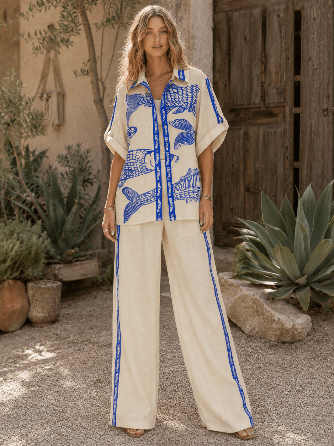 WOMEN'S SHORT SLEEVE BLOUSE & ELASTIC WAIST WIDE LEG PANTS PRINTED 2PC. SET