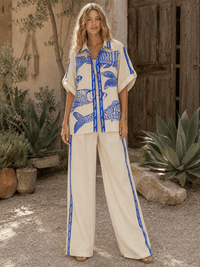 WOMEN'S SHORT SLEEVE BLOUSE & ELASTIC WAIST WIDE LEG PANTS PRINTED 2PC. SET