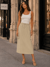 WOMEN'S ELASTIC WAIST FRONT POCKETS MIDI SKIRT