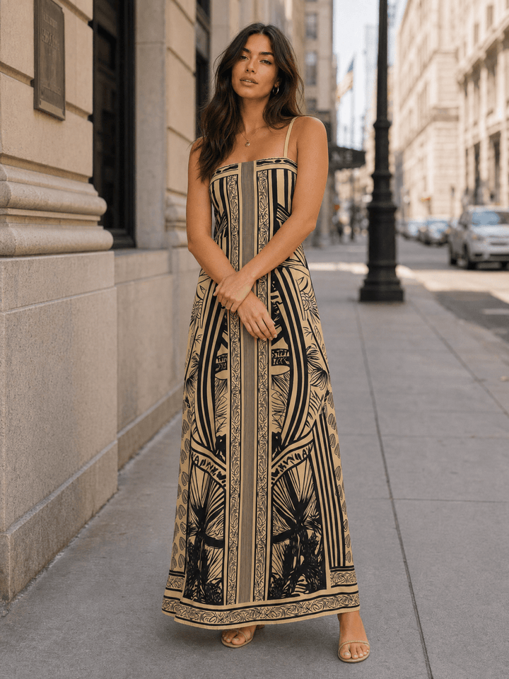 WOMEN'S SLEEVELESS SMOCK MULTI PRINT BODYCON MAXI DRESS
