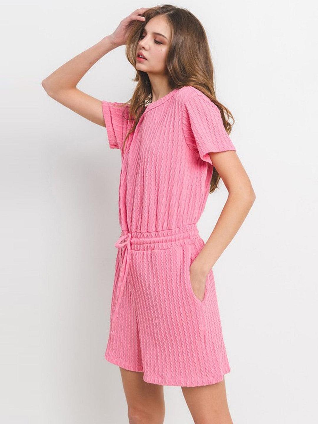 WOMEN'S SHORT SLEEVE SELF TIE FRONT POCKETS DETAILED ROMPER