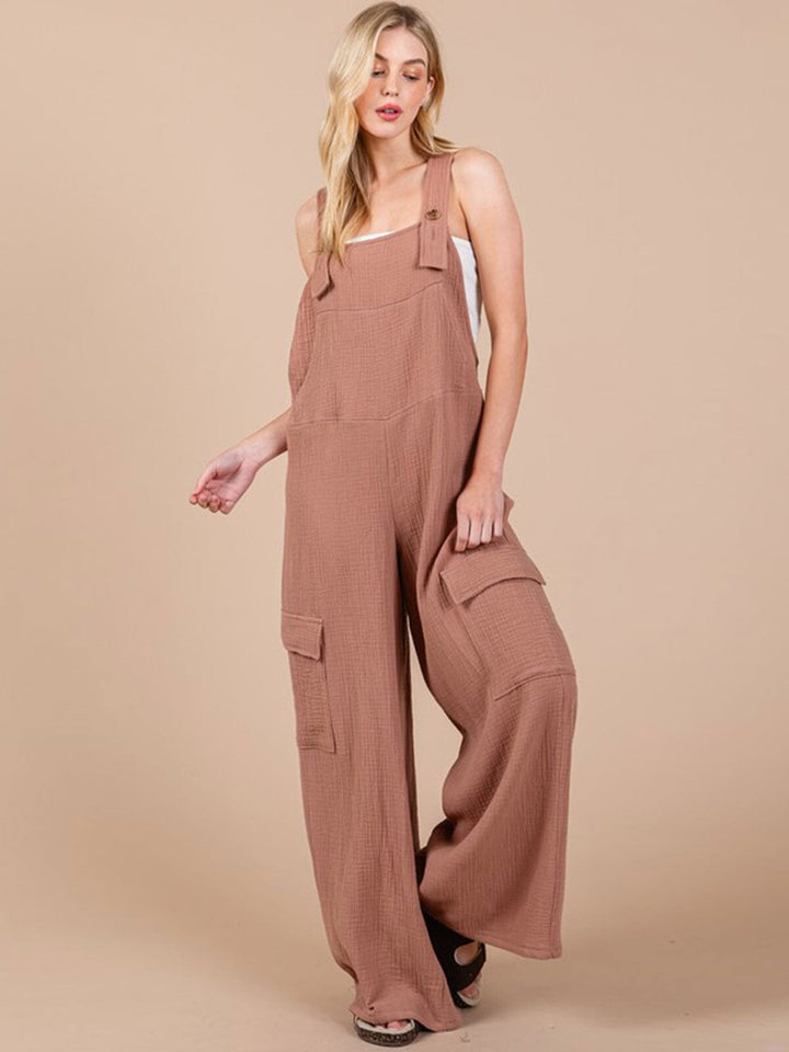 WOMEN'S SLEEVELESS CARGO POCKET WIDE LEG JUMPSUIT