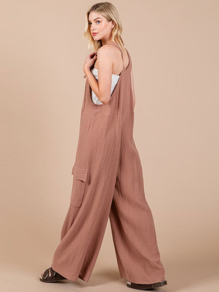 WOMEN'S SLEEVELESS CARGO POCKET WIDE LEG JUMPSUIT