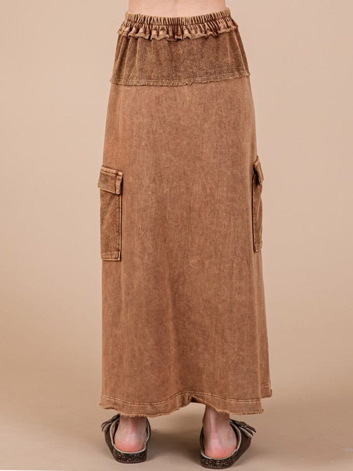 WOMEN'S ELASTIC WAIST CARGO POCKETS WASHED MAXI SKIRT