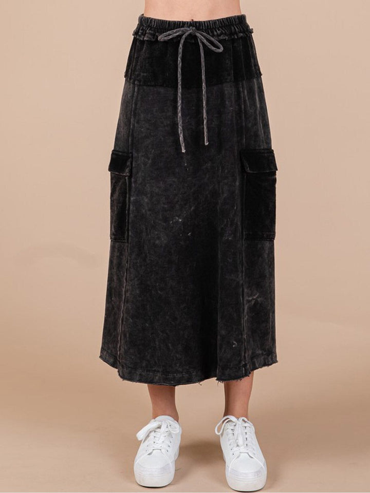 WOMEN'S ELASTIC WAIST CARGO POCKETS WASHED MAXI SKIRT
