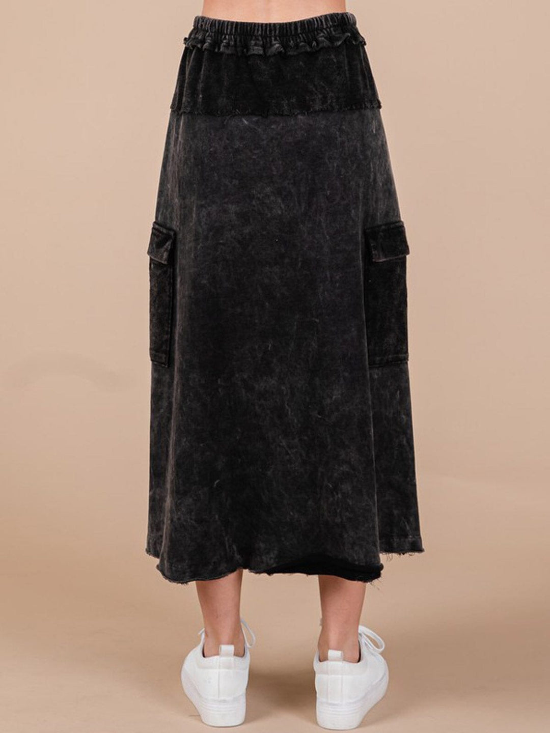 WOMEN'S ELASTIC WAIST CARGO POCKETS WASHED MAXI SKIRT