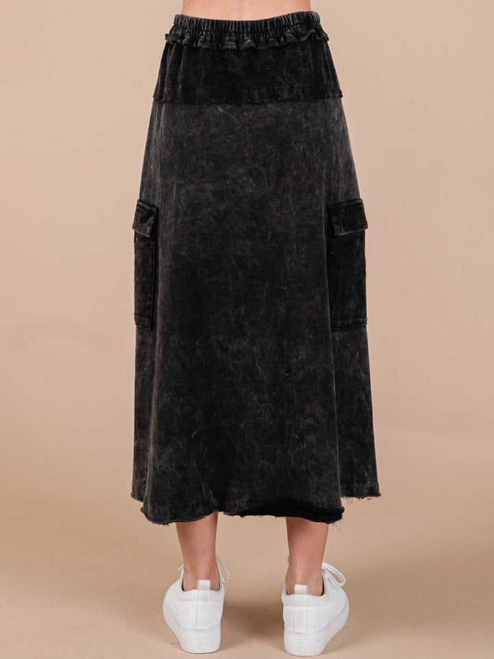 WOMEN'S ELASTIC WAIST CARGO POCKETS WASHED MAXI SKIRT