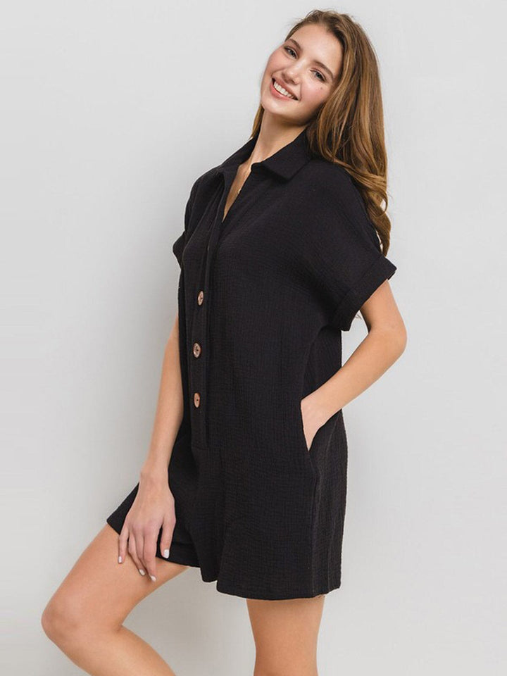 WOMEN'S SHORT SLEEVE BUTTON UP FRONT POCKETS ROMPER