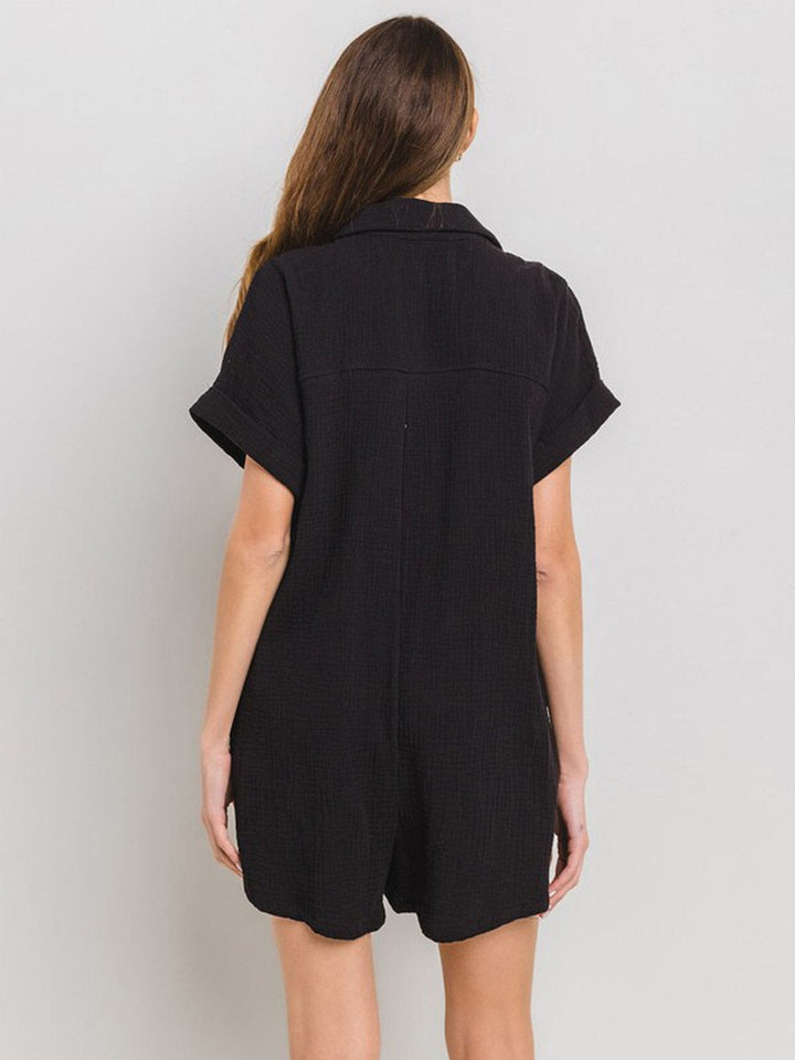 WOMEN'S SHORT SLEEVE BUTTON UP FRONT POCKETS ROMPER