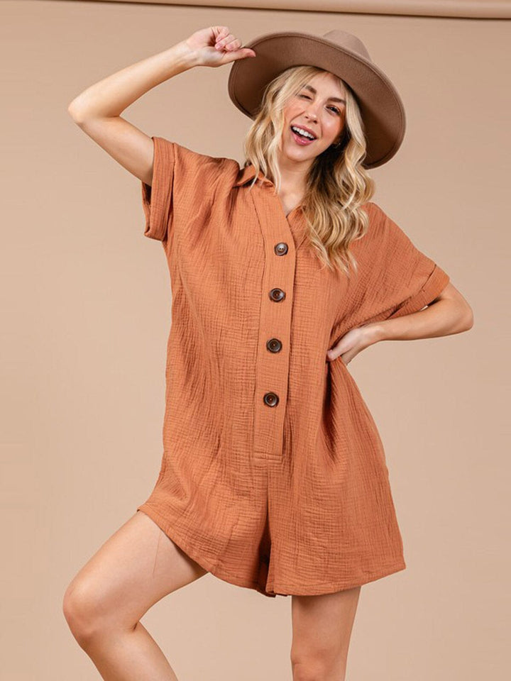 WOMEN'S SHORT SLEEVE BUTTON UP FRONT POCKETS ROMPER