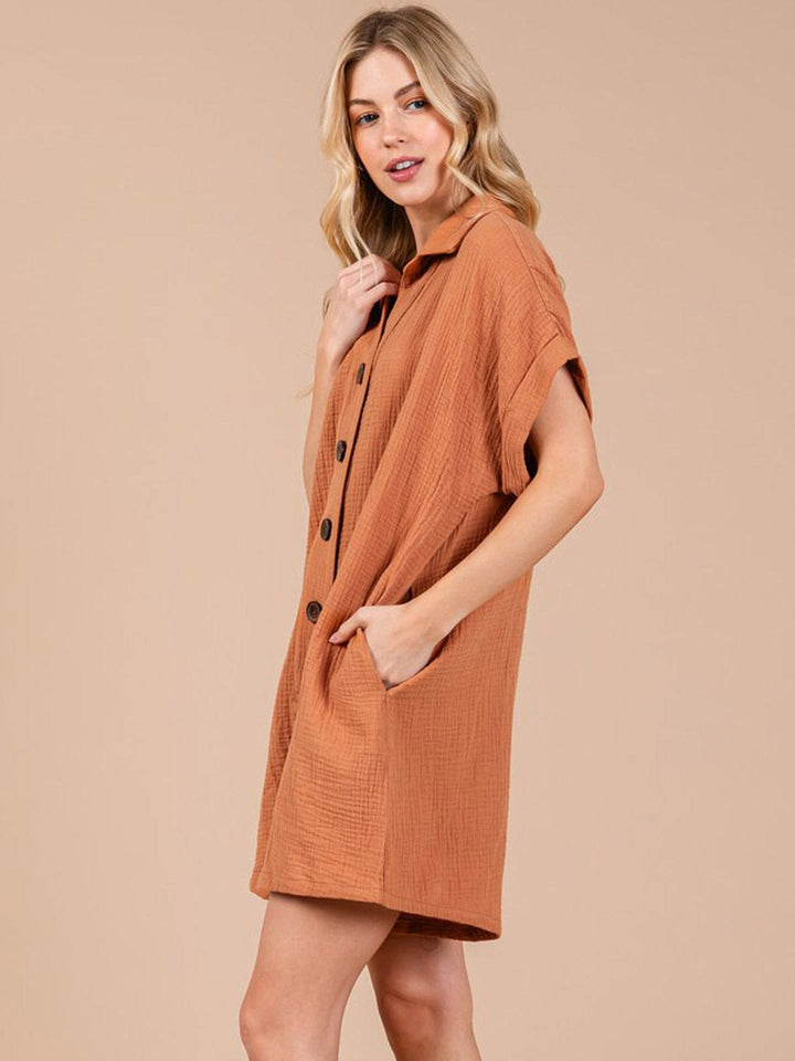 WOMEN'S SHORT SLEEVE BUTTON UP FRONT POCKETS ROMPER