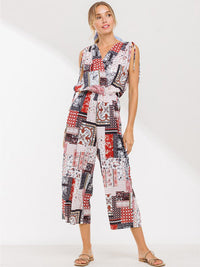 WOMEN'S SLEEVELESS V-NECK MULTI PRINT JUMPSUIT