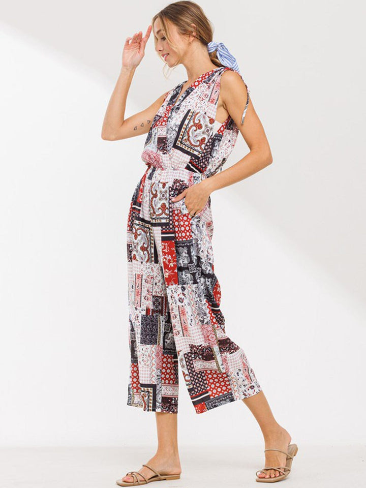 WOMEN'S SLEEVELESS V-NECK MULTI PRINT JUMPSUIT