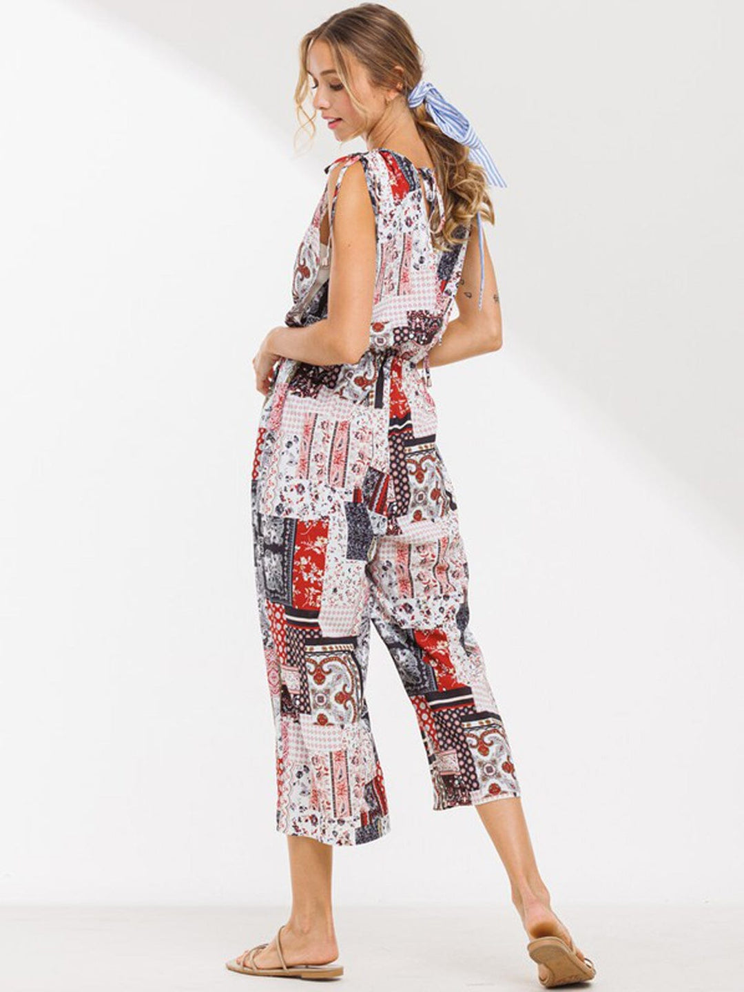 WOMEN'S SLEEVELESS V-NECK MULTI PRINT JUMPSUIT