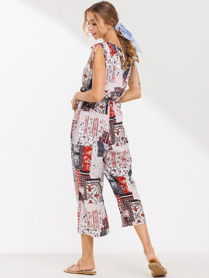 WOMEN'S SLEEVELESS V-NECK MULTI PRINT JUMPSUIT