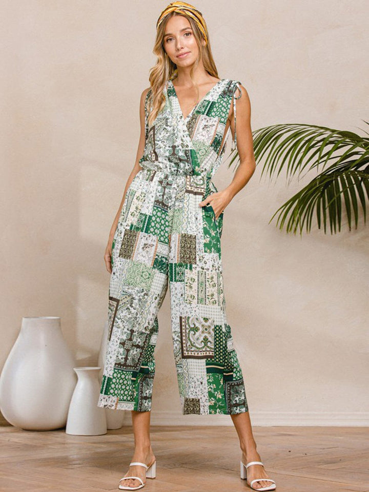 WOMEN'S SLEEVELESS V-NECK MULTI PRINT JUMPSUIT
