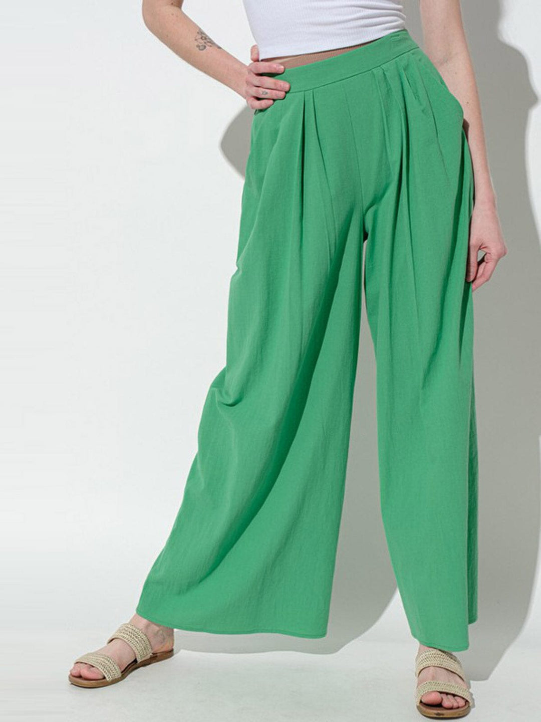 WOMEN'S ELASTIC WAIST FRONT POCKETS WIDE LEG PANTS