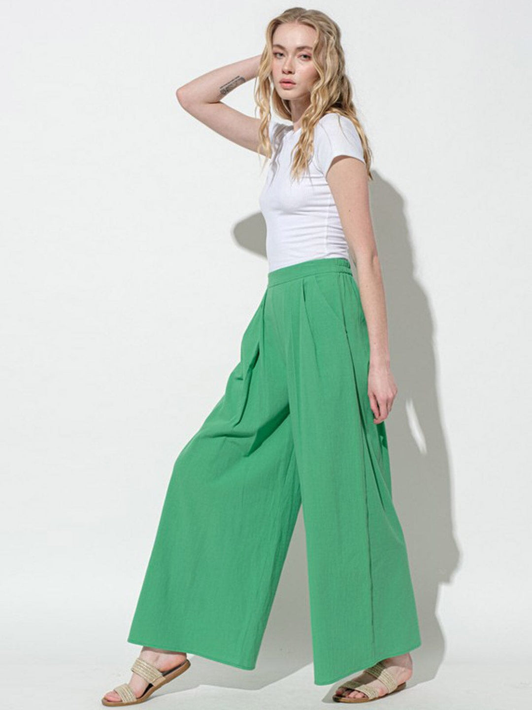 WOMEN'S ELASTIC WAIST FRONT POCKETS WIDE LEG PANTS