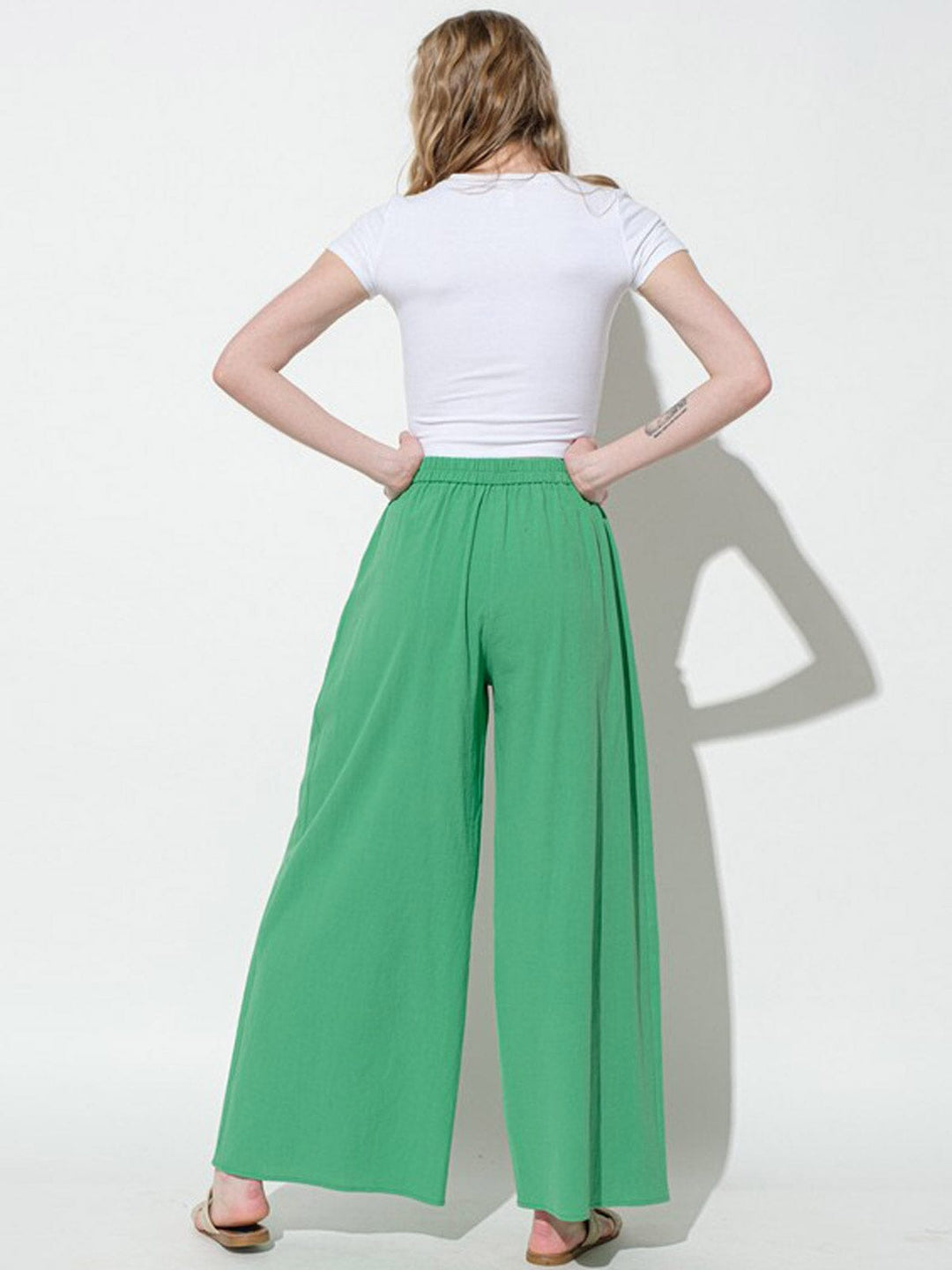 WOMEN'S ELASTIC WAIST FRONT POCKETS WIDE LEG PANTS