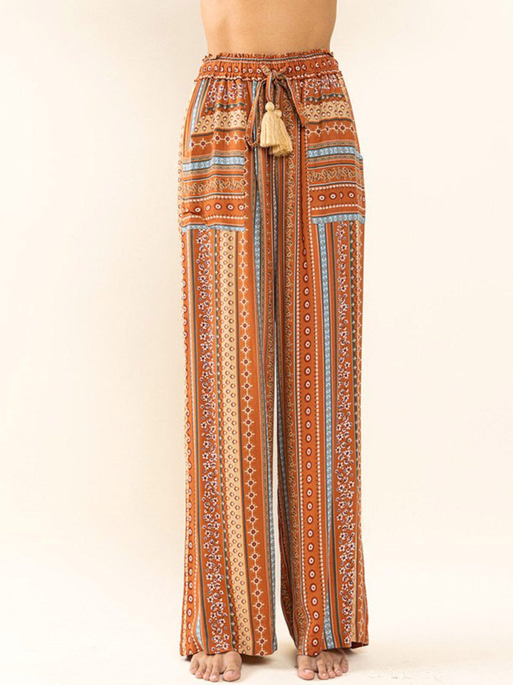WOMEN'S ELASTIC WAIST POCKETS WIDE LEG MULTI PRINT PANTS