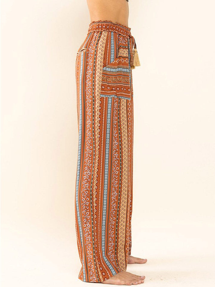 WOMEN'S ELASTIC WAIST POCKETS WIDE LEG MULTI PRINT PANTS