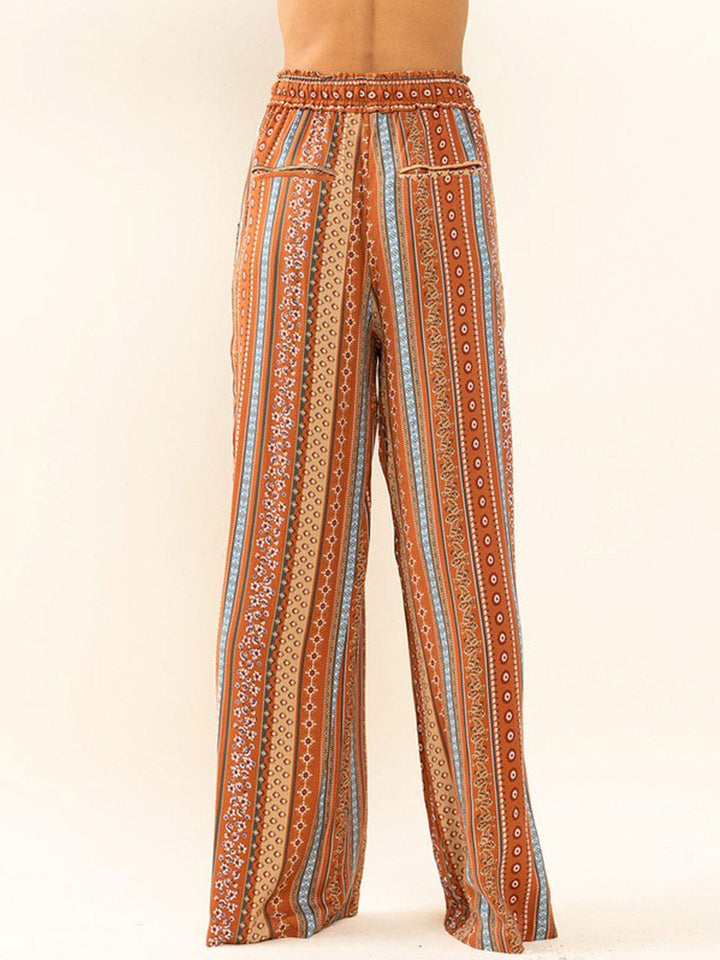 WOMEN'S ELASTIC WAIST POCKETS WIDE LEG MULTI PRINT PANTS