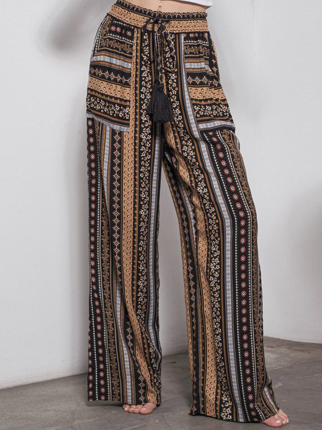 WOMEN'S ELASTIC WAIST POCKETS WIDE LEG MULTI PRINT PANTS