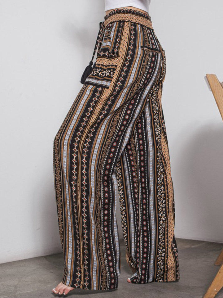 WOMEN'S ELASTIC WAIST POCKETS WIDE LEG MULTI PRINT PANTS