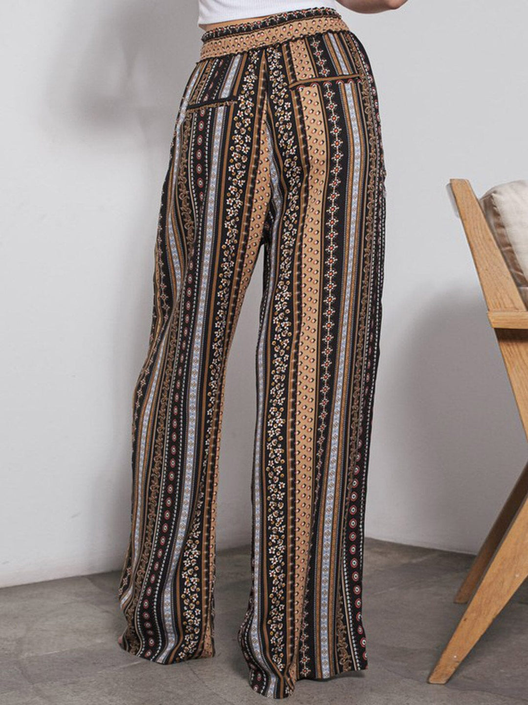 WOMEN'S ELASTIC WAIST POCKETS WIDE LEG MULTI PRINT PANTS